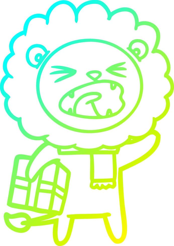 cold gradient line drawing cartoon lion with christmas present vector