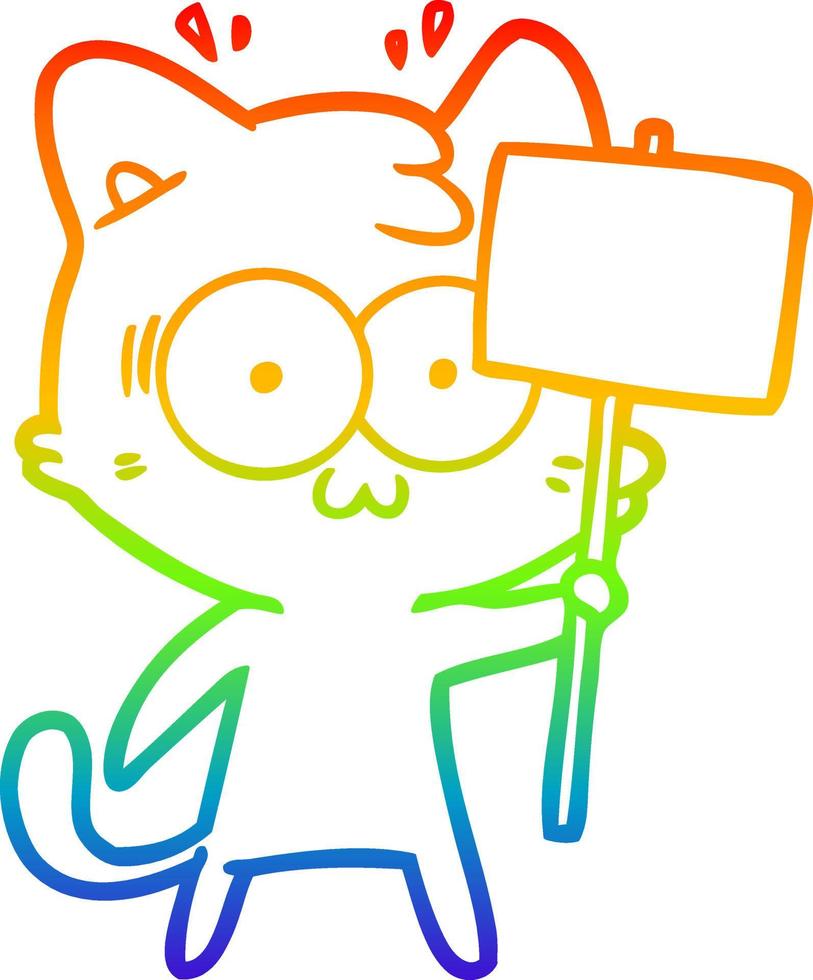 rainbow gradient line drawing cartoon surprised cat waving sign vector