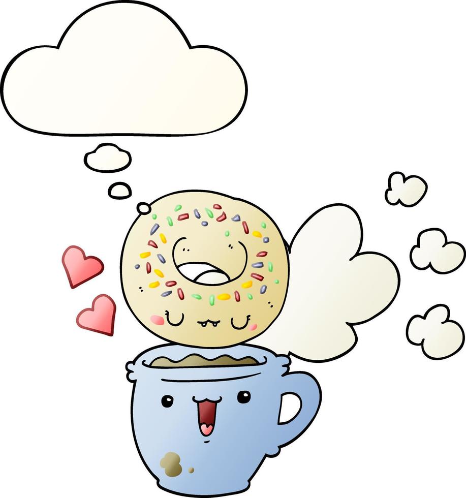 cute cartoon donut and coffee and thought bubble in smooth gradient style vector