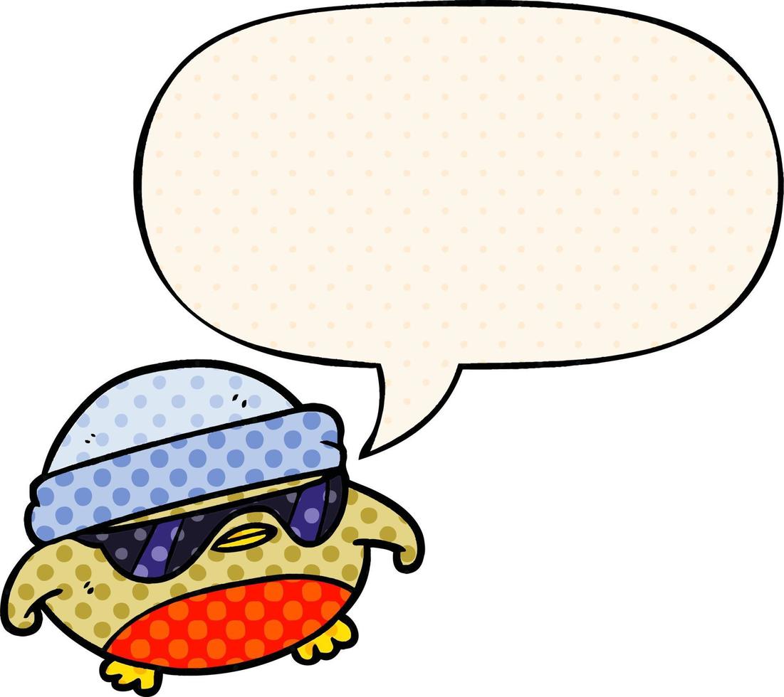 cool christmas robin cartoon and sunglasses and speech bubble in comic book style vector