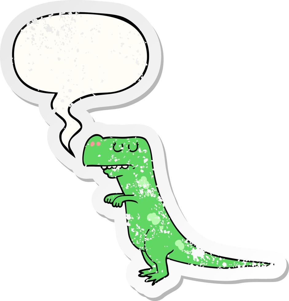 dinosaurio de dibujos animados y etiqueta engomada angustiada de la burbuja del discurso vector