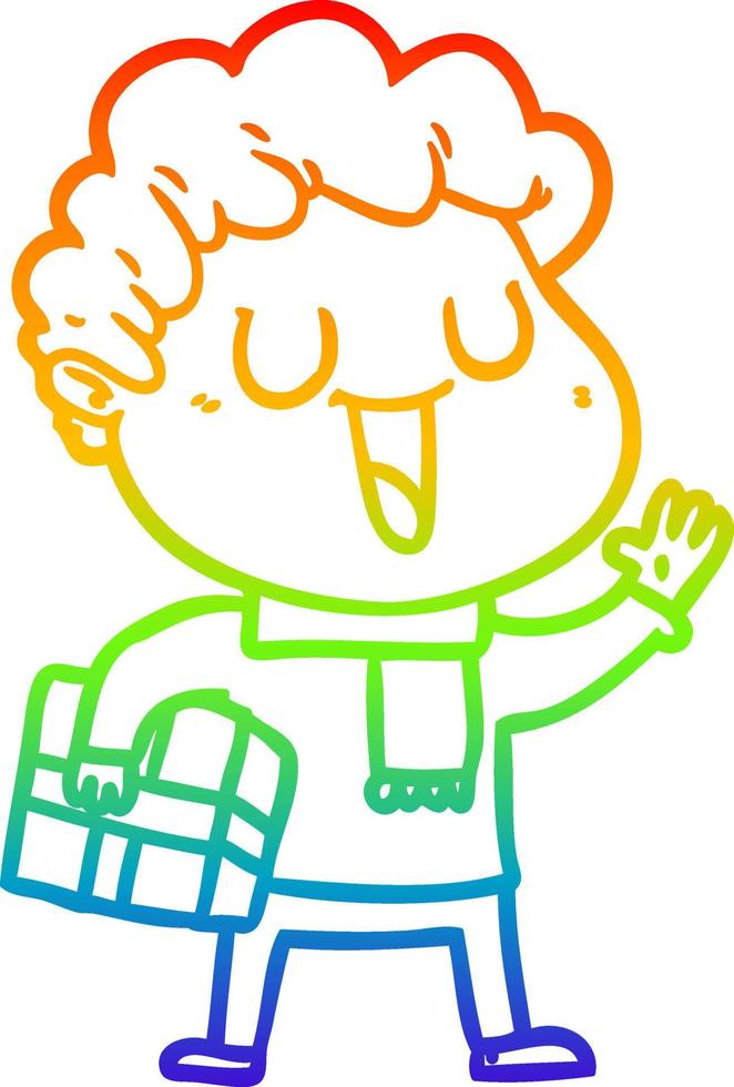 rainbow gradient line drawing laughing cartoon man with present vector