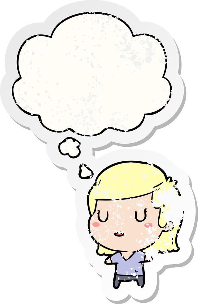 cartoon woman and thought bubble as a distressed worn sticker vector