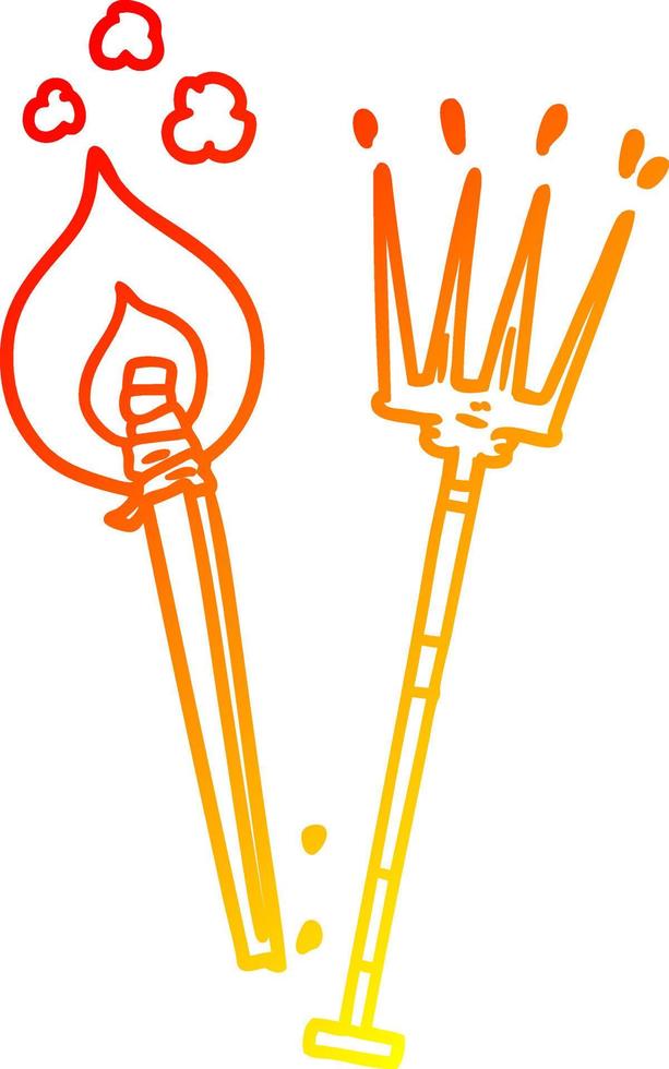 warm gradient line drawing cartoon pitchfork and burning brand vector