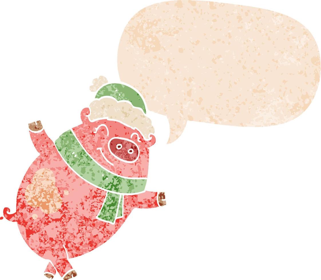 cerdo de dibujos animados con sombrero de navidad y burbuja de habla en estilo retro texturizado vector