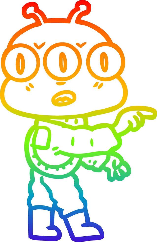 rainbow gradient line drawing cartoon three eyed alien vector