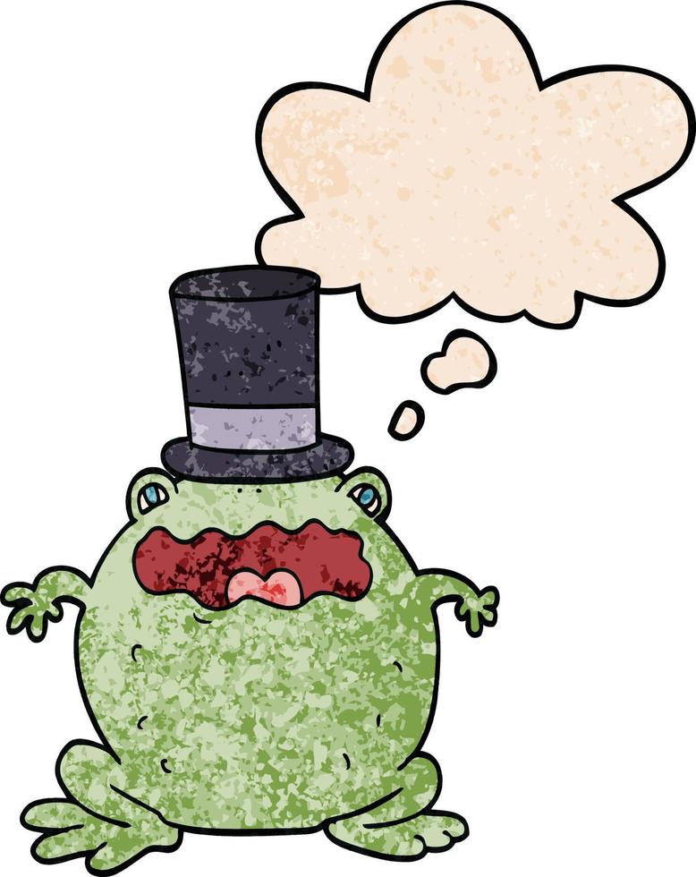 cartoon toad wearing top hat and thought bubble in grunge texture pattern style vector