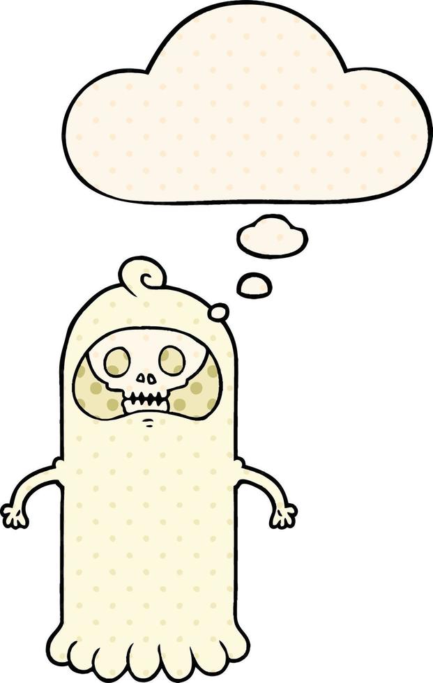 cartoon spooky skull ghost and thought bubble in comic book style vector