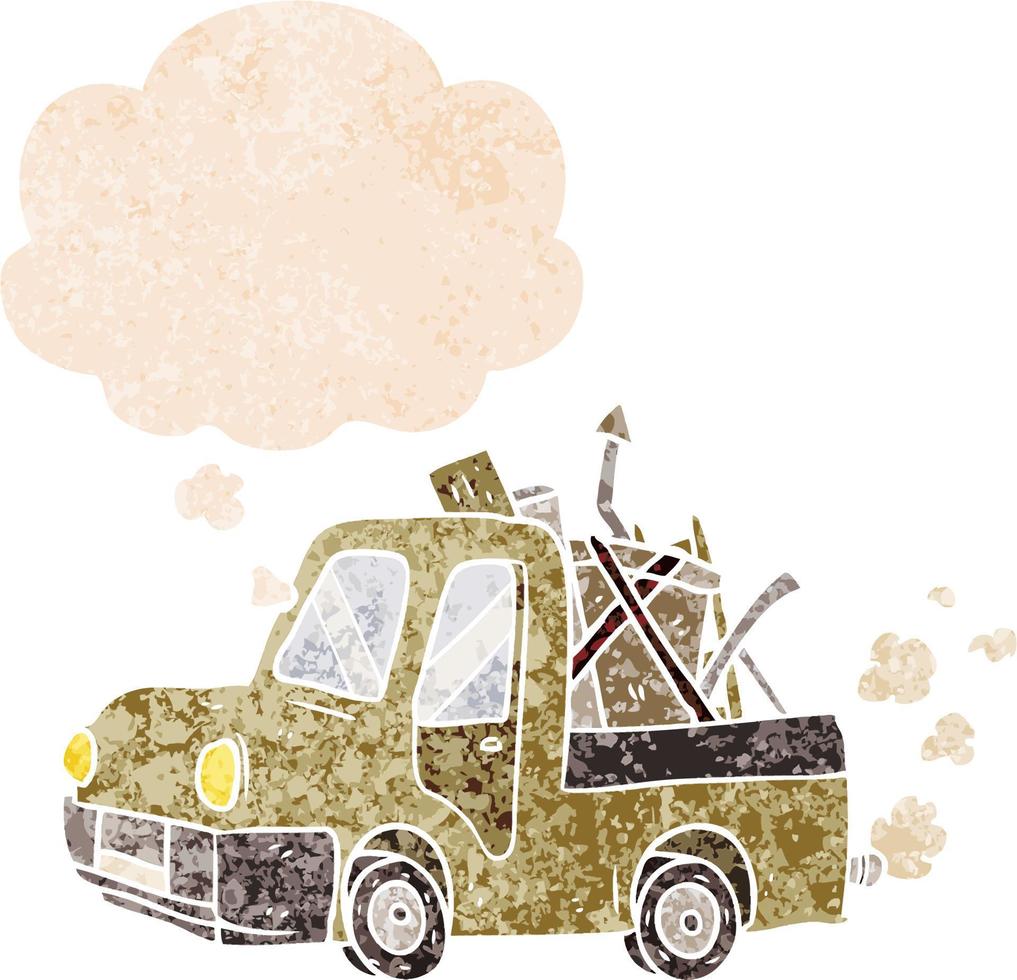 cartoon old truck and thought bubble in retro textured style vector