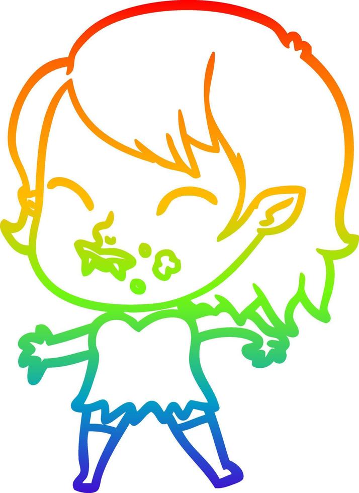 rainbow gradient line drawing cartoon vampire girl with blood on cheek vector
