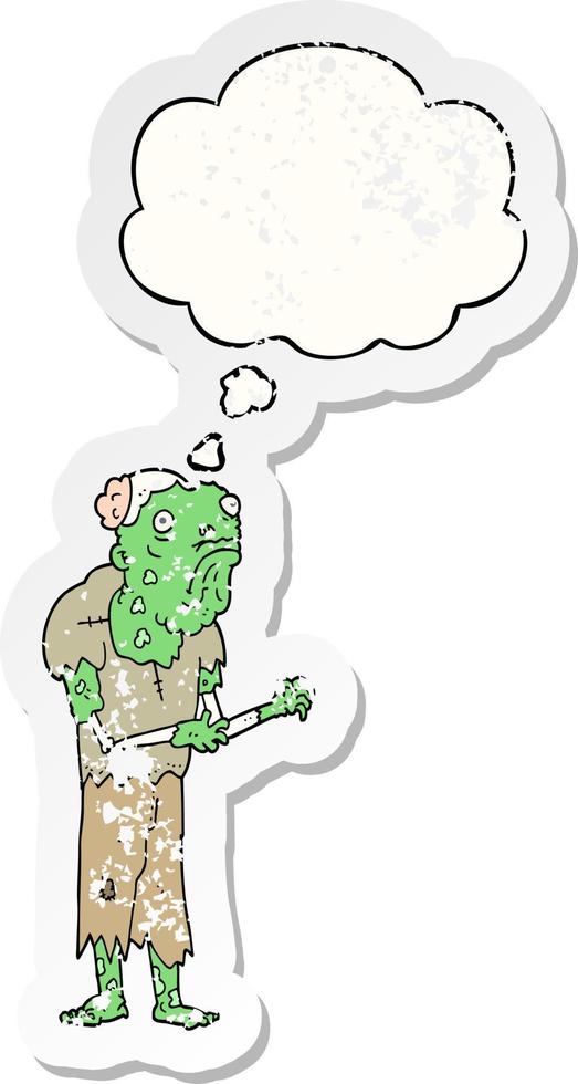 cartoon zombie and thought bubble as a distressed worn sticker vector