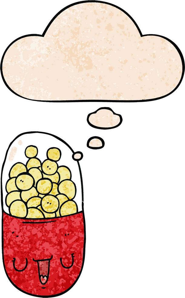 cartoon medical pill and thought bubble in grunge texture pattern style vector