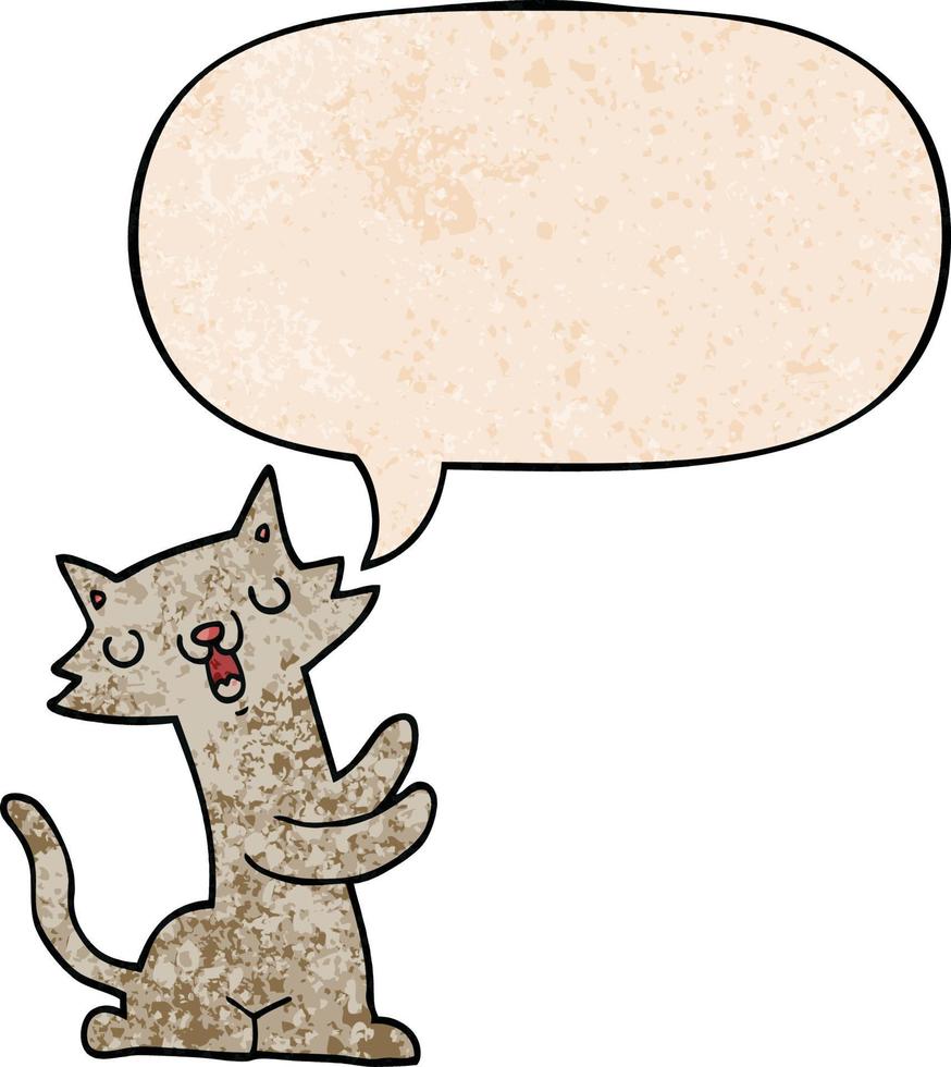 cartoon cat and speech bubble in retro texture style vector