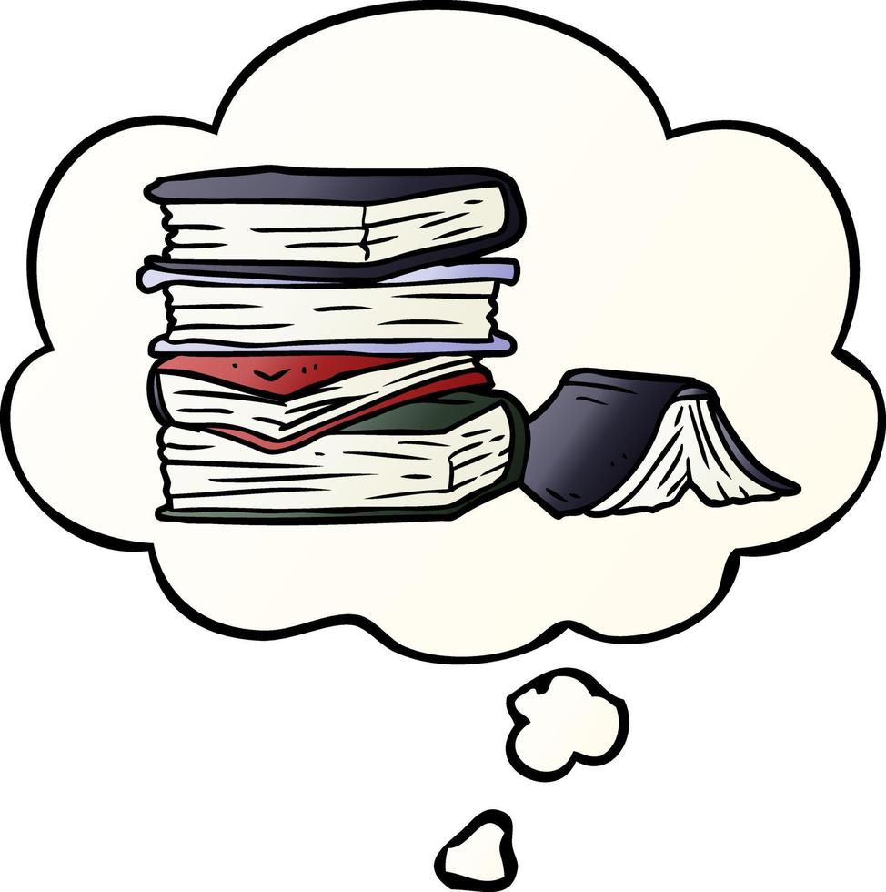 cartoon pile of books and thought bubble in smooth gradient style vector