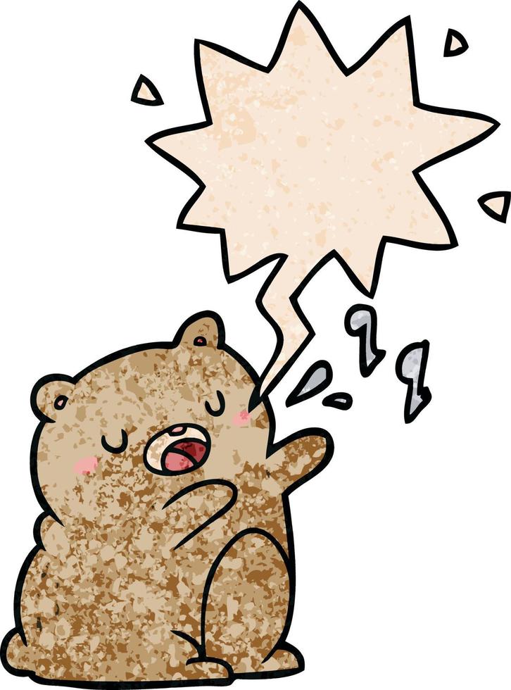 cartoon bear singing a song and speech bubble in retro texture style vector