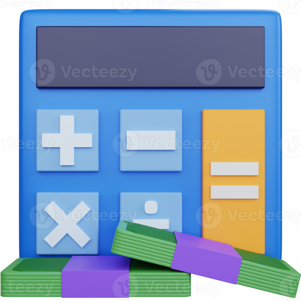3D-rendering blå kalkylator med pengar isolerade png