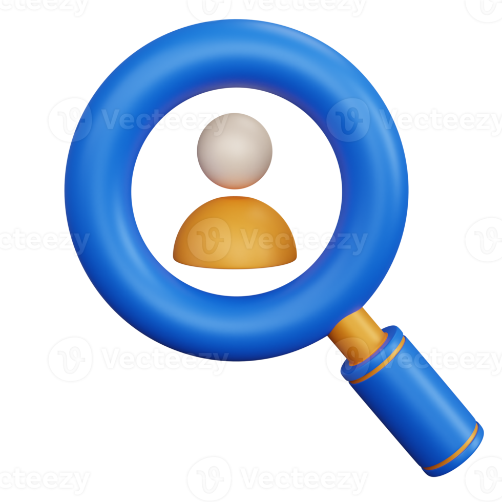 3d rendering blue magnifying glass with icon profile user isolated png