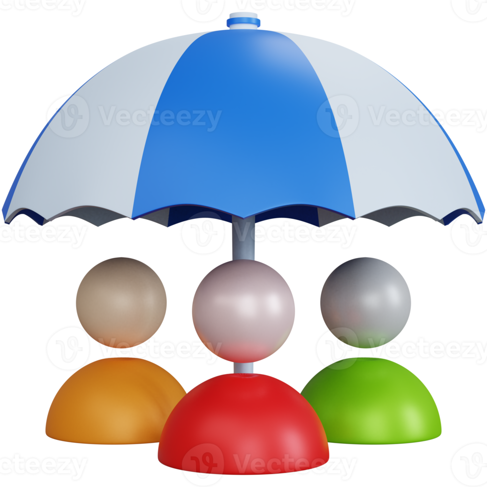 3d rendering blue umbrella with three profile icons isolated png