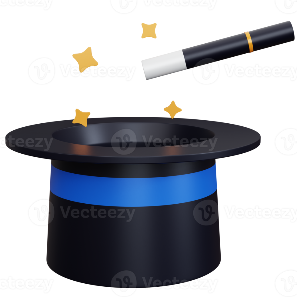 Cappello magico della rappresentazione 3d con la magia della bacchetta isolata png
