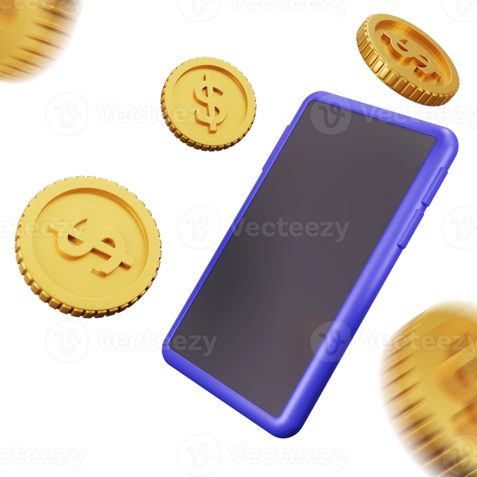 3D model rendering finance concept with mobile phone and money coin, illustration png