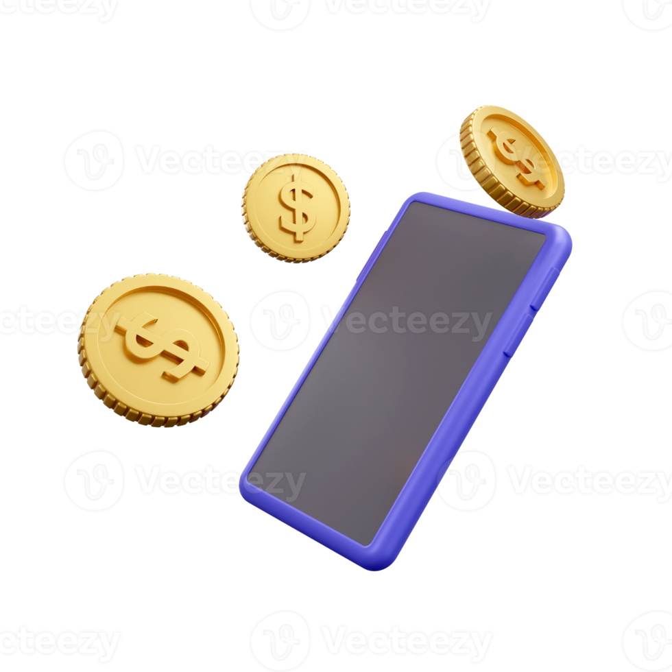 3D model rendering finance concept with mobile phone and money coin, illustration png