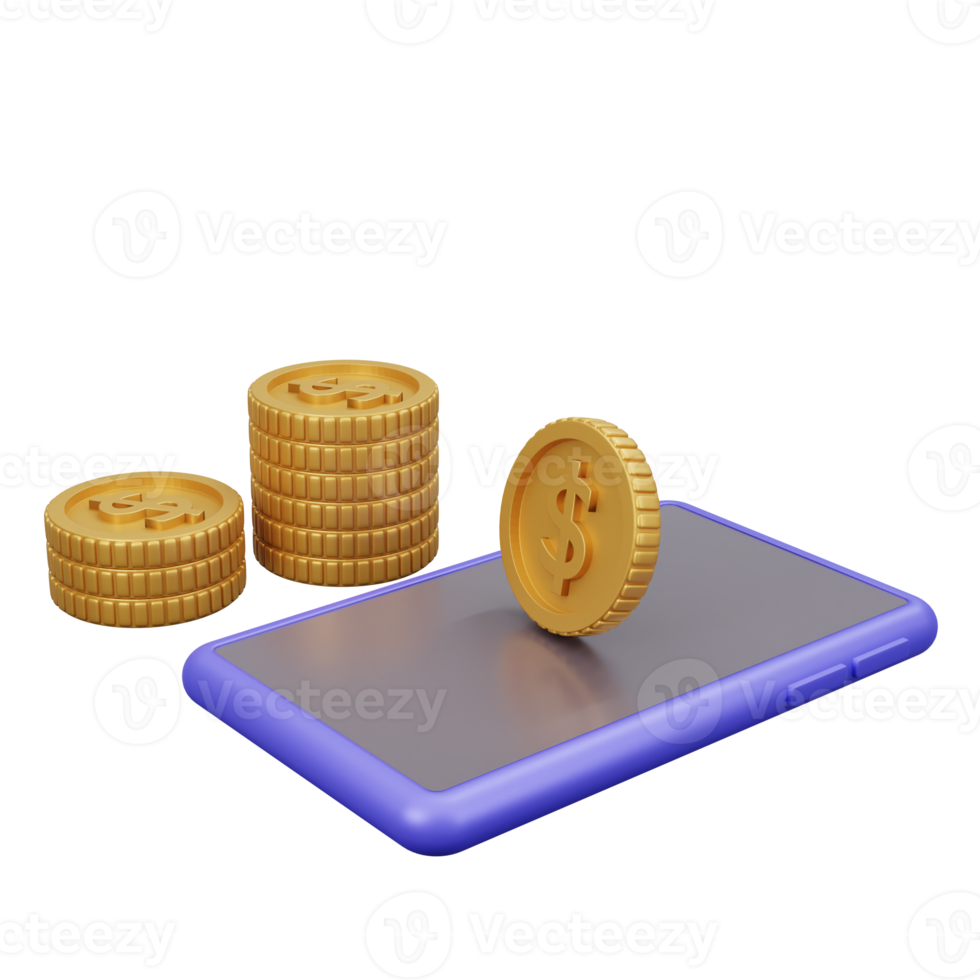 3D model rendering finance concept with mobile phone and money coin, saving and growth up money, illustration png