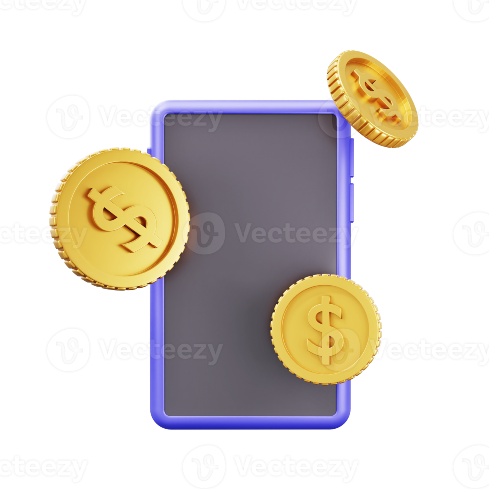 3D model rendering finance concept with mobile phone and money coin, illustration png