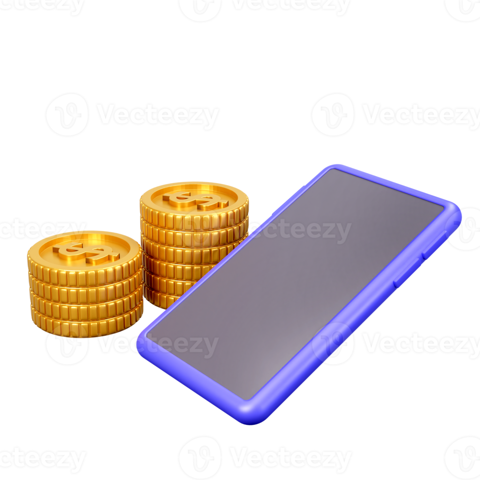 Concetto di finanza di rendering del modello 3d con telefono cellulare e moneta, risparmio e crescita di denaro, illustrazione png