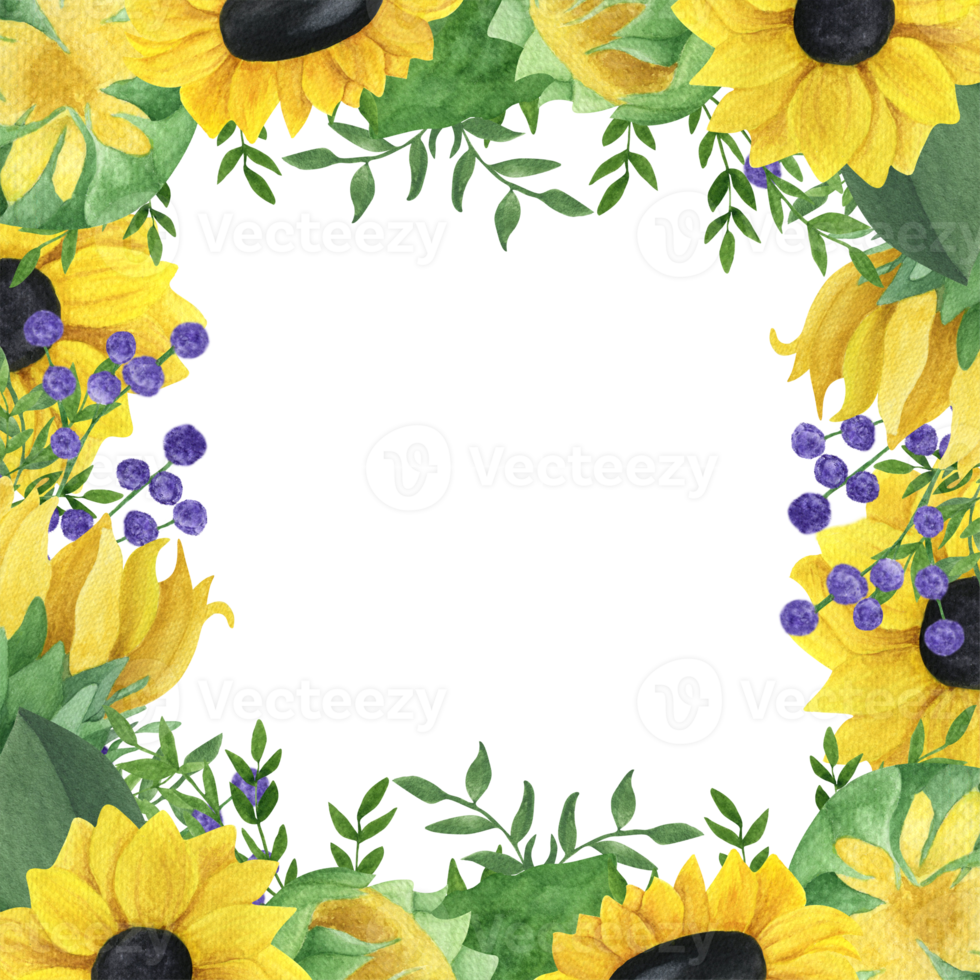 Watercolor seamless frame  sunflowers with leaves and twigs of gypsophila png.  For save the date, mom's day, invitation, greeting, template and etc. png
