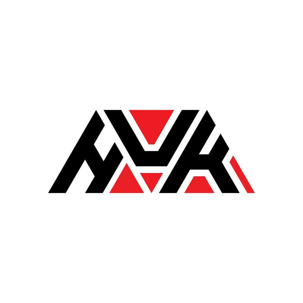 HUK triangle letter logo design with triangle shape. HUK triangle logo design monogram. HUK triangle vector logo template with red color. HUK triangular logo Simple, Elegant, and Luxurious Logo. HUK