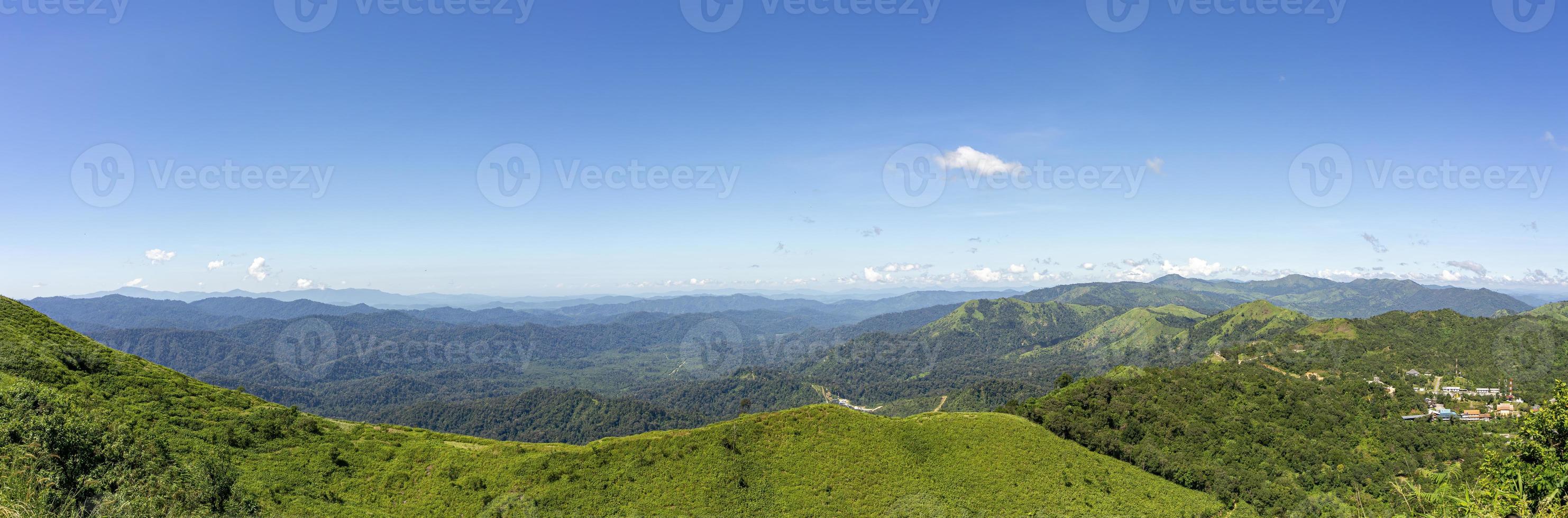 panorama, el paisaje en el mirador de la tarde. complejo montañoso, cielo azul claro. mirador de la mina pilok, kanchanaburi, tailandia foto