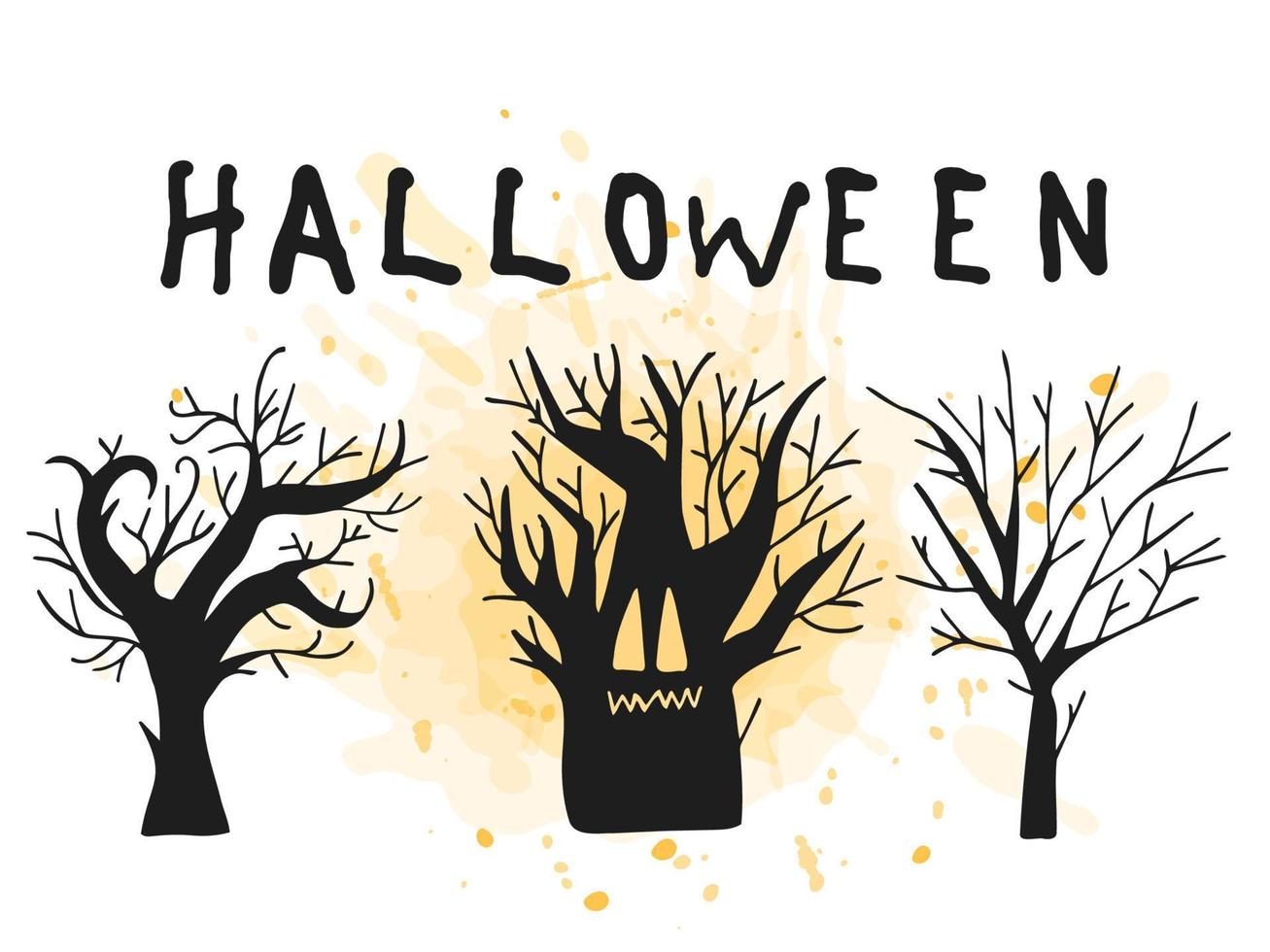 Halloween 2022 - October 31. A traditional holiday. Trick or treat. Vector illustration in hand-drawn doodle style. Set of silhouettes of scary trees with an orange watercolor spot.