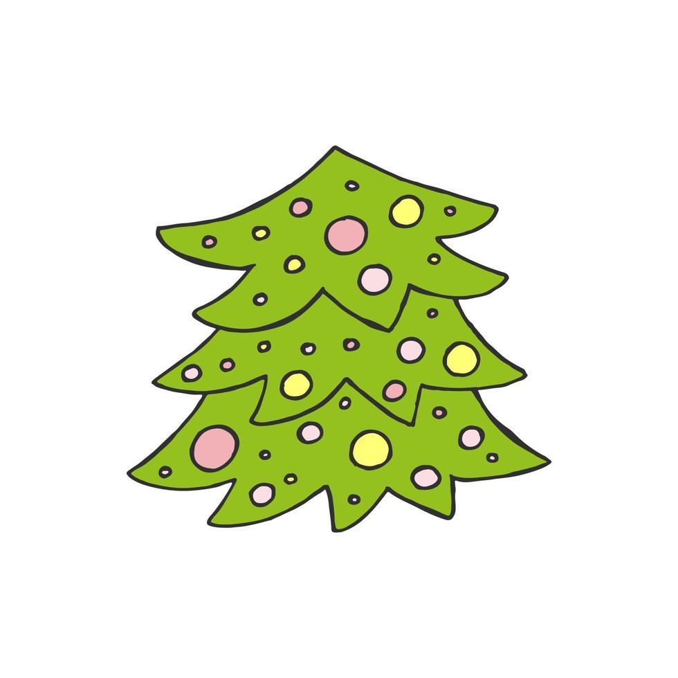 A hand-drawn christmas tree. Colored vector illustration in doodle style. Winter mood. Hello 2023. Merry Christmas and Happy New Year.