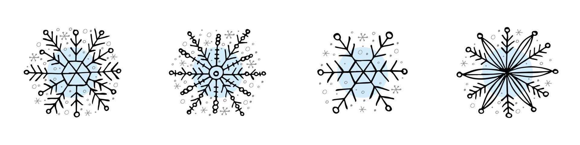 A set of hand-drawn snowflakes. Vector illustration in doodle style. Winter mood. Hello 2023. Merry Christmas and Happy New Year. Black and light blue elements on a white background.