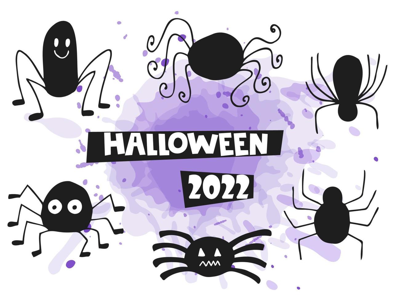Halloween 2022 - October 31. A traditional holiday. Trick or treat. Vector illustration in hand-drawn doodle style. Set of silhouettes of cute spiders with a purple watercolor spot.