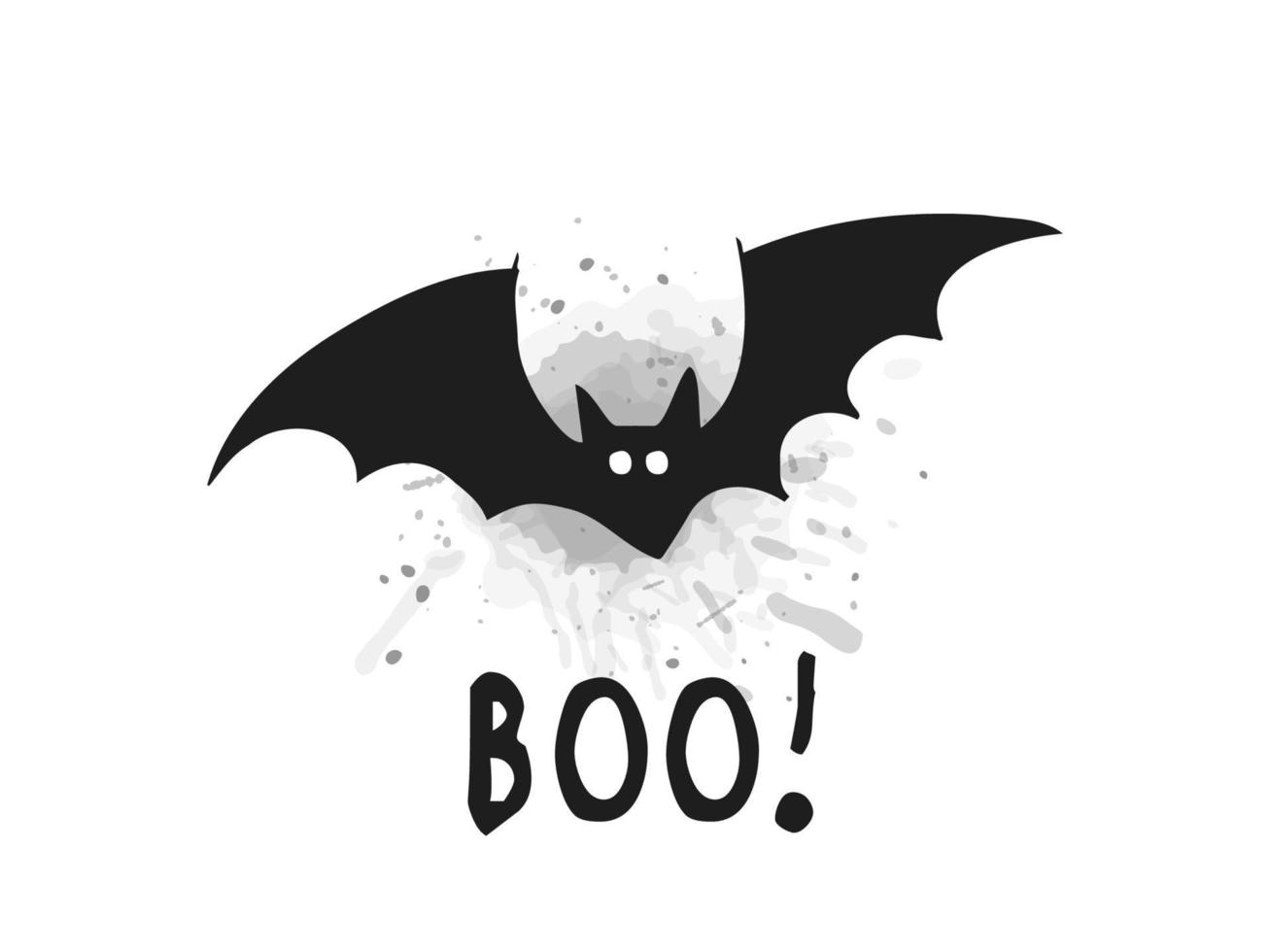 Halloween 2022 - October 31. Trick or treat. Vector hand-drawn doodle style. Silhouette of a bat with lettering on a background of gray watercolor splashes. Boo.
