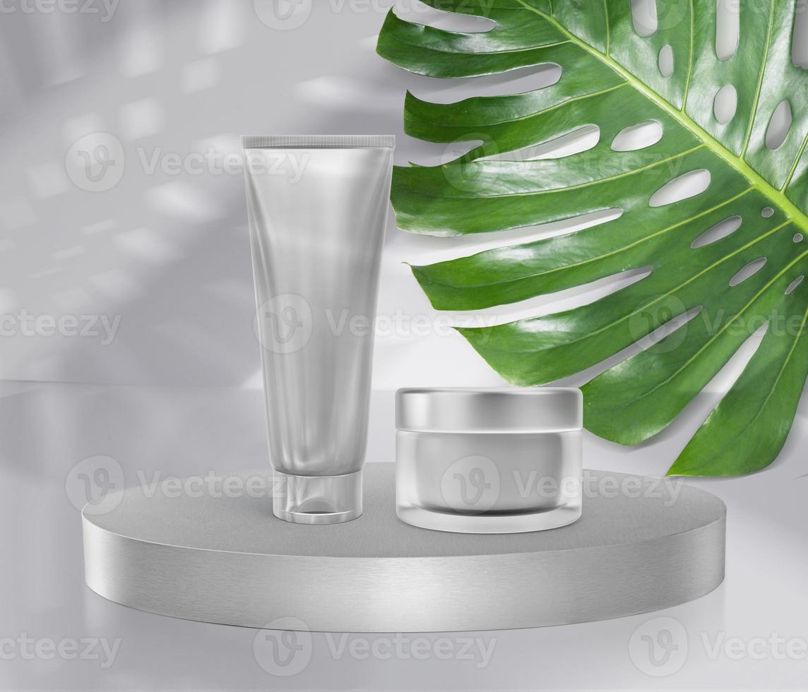Empty packaging clear, cosmetic cream jar on Empty round pedestal, with monstera leaf background. 3d render photo