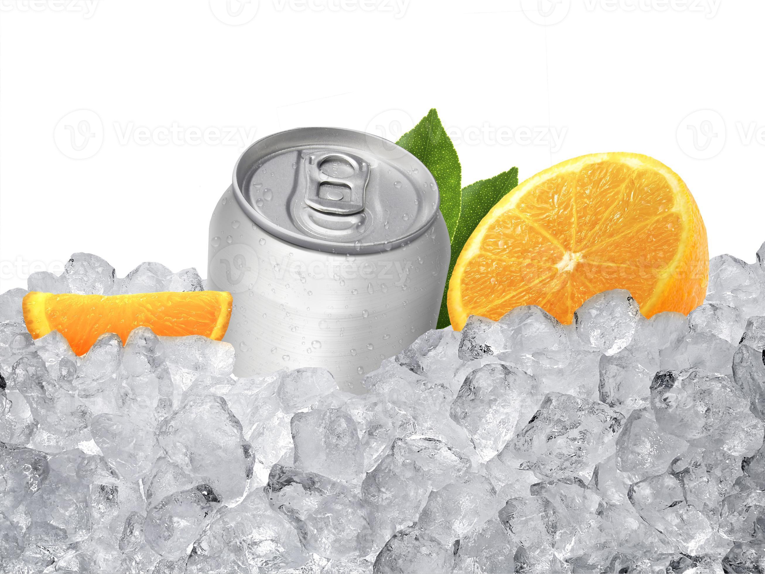 Can of cold beverage and ice orange fresh summer refreshing drink