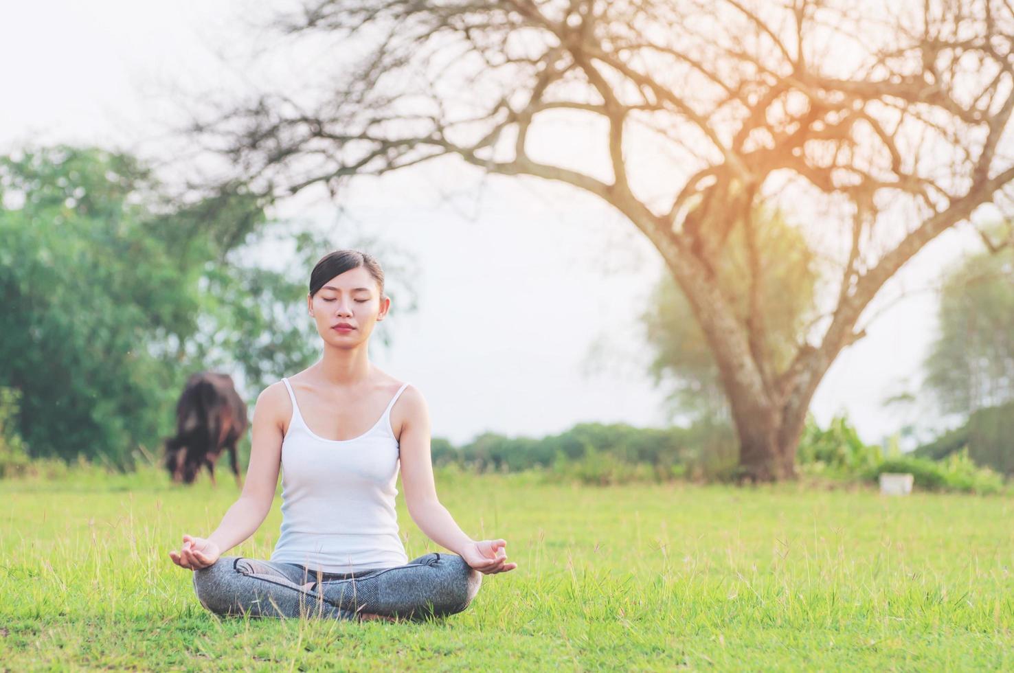 Young lady doing yoga exercise in green field outdoor area showing calm peaceful in meditation mind - people practise yoga for meditation and exercise concept photo