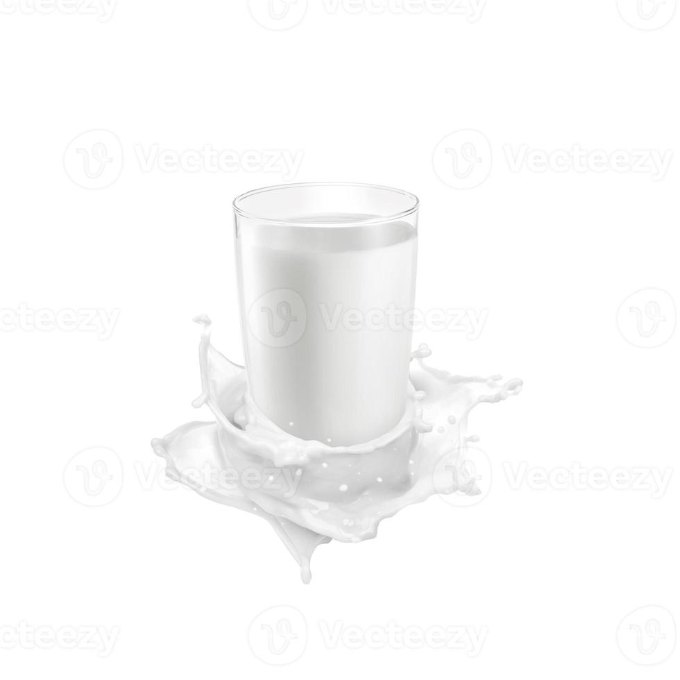 Glass of milk on milk splashes on white background photo