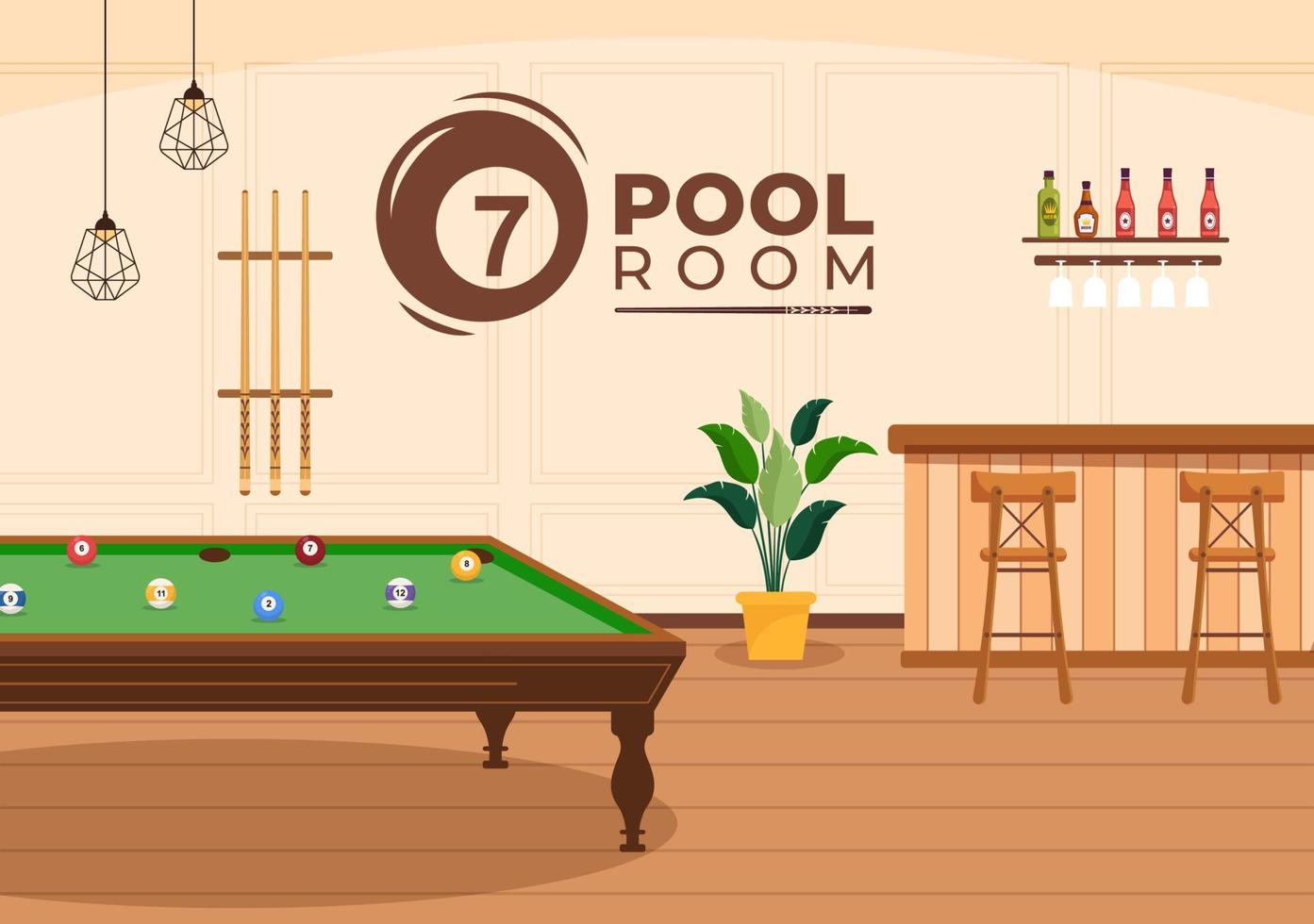 Billiards Game Hand Drawn Cartoon Flat Background Illustration with Pool Room with Stick and Billiard Balls in Sports Club vector