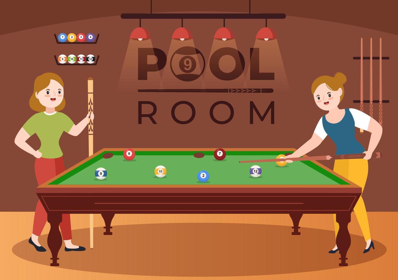 Billiards Game Hand Drawn Cartoon Flat Illustration with Player Pool Room with Stick, Cue Aiming at Billiard Balls in Sports Club vector