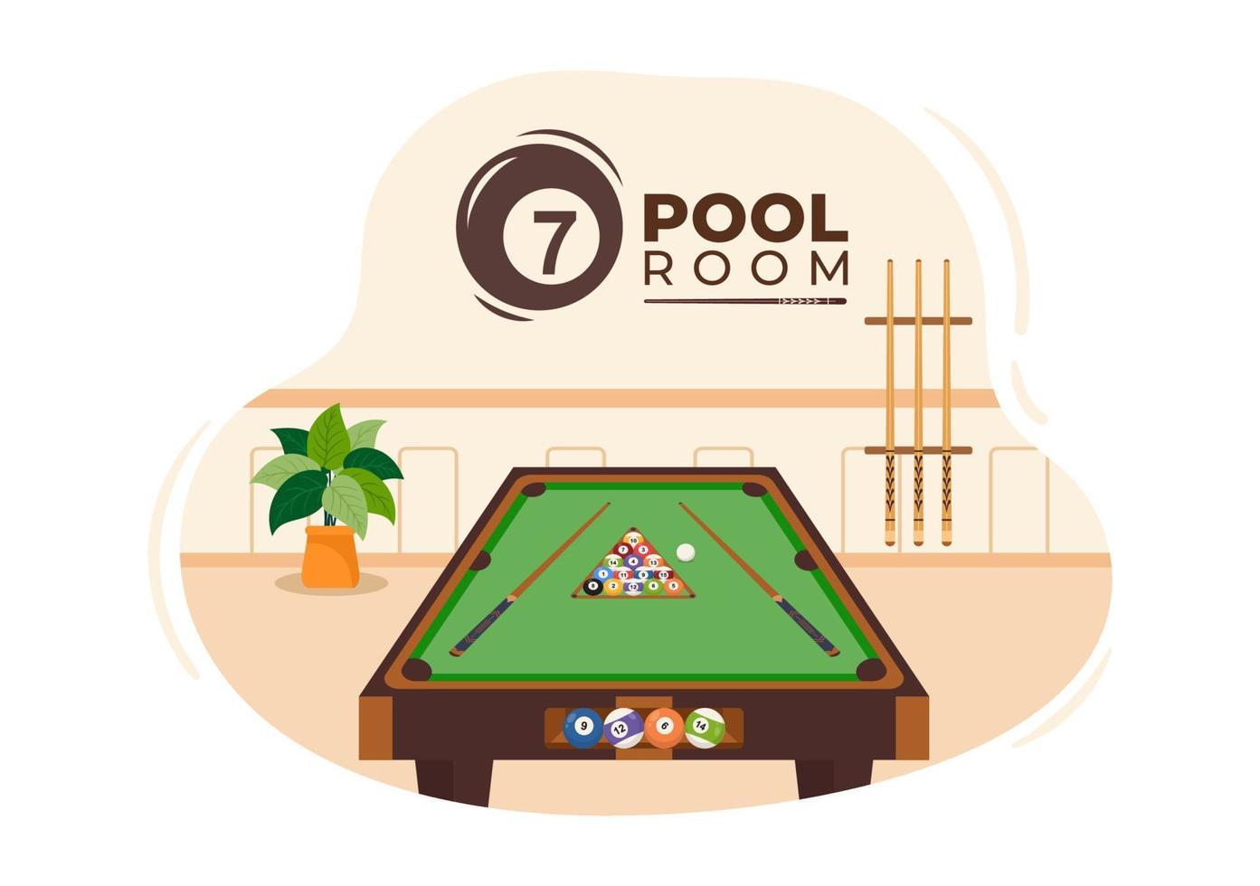 Billiards Game Hand Drawn Cartoon Flat Background Illustration with Pool Room with Stick and Billiard Balls in Sports Club vector