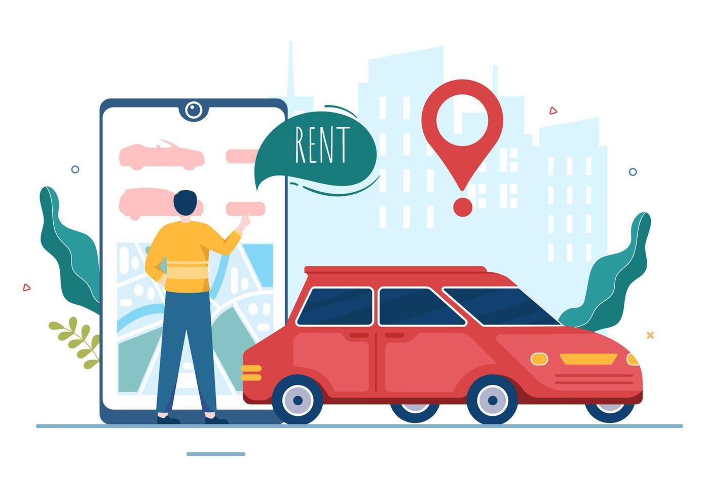 alquiler de automóviles, reserva de reserva y uso compartido mediante la aplicación móvil de servicio con ubicación de ruta o puntos en ilustración plana de dibujos animados dibujados a mano vector