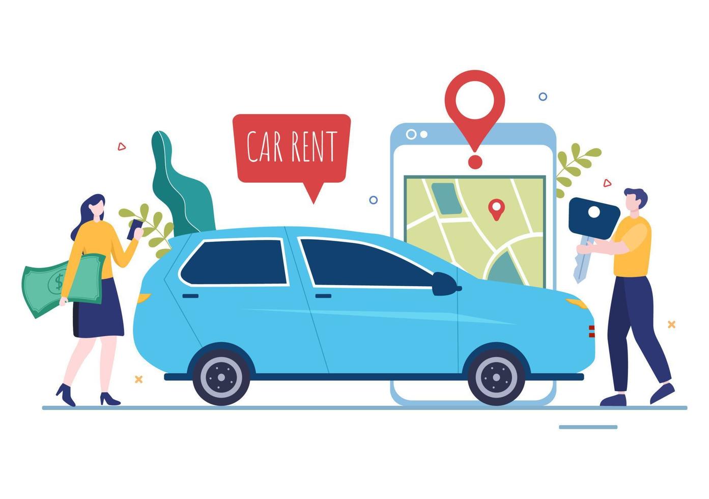 Car Rental, Booking Reservation and Sharing using Service Mobile Application with Route or Points Location in Hand Drawn Cartoon Flat Illustration vector