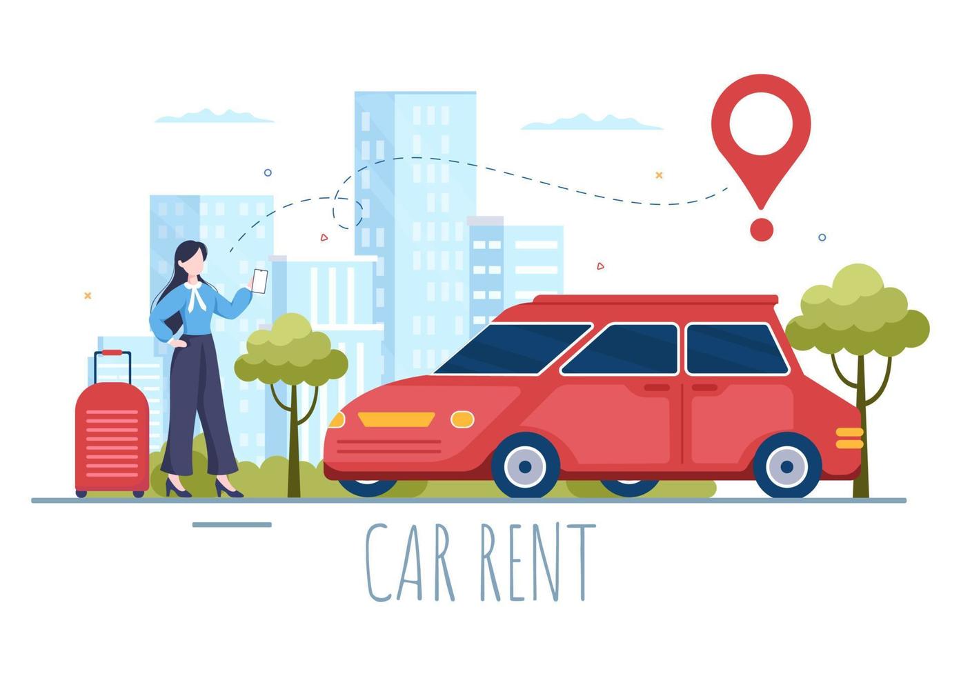 Car Rental, Booking Reservation and Sharing using Service Mobile Application with Route or Points Location in Hand Drawn Cartoon Flat Illustration vector