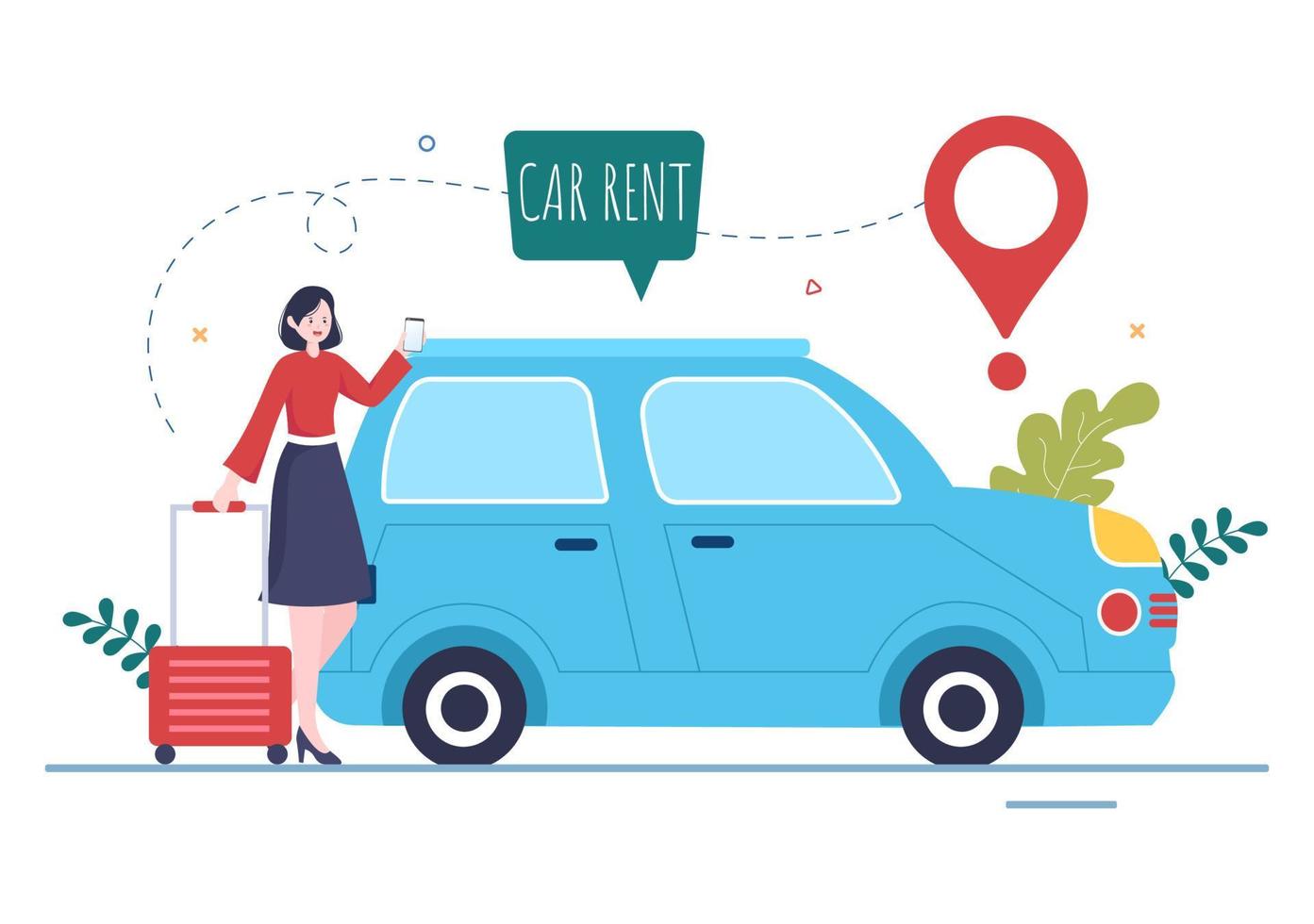 Car Rental, Booking Reservation and Sharing using Service Mobile Application with Route or Points Location in Hand Drawn Cartoon Flat Illustration vector