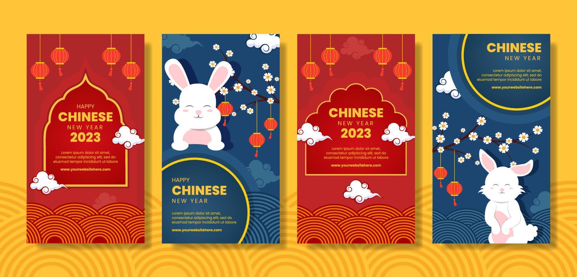 feliz año nuevo chino plantilla de historias de redes sociales dibujado a mano ilustración plana de dibujos animados vector