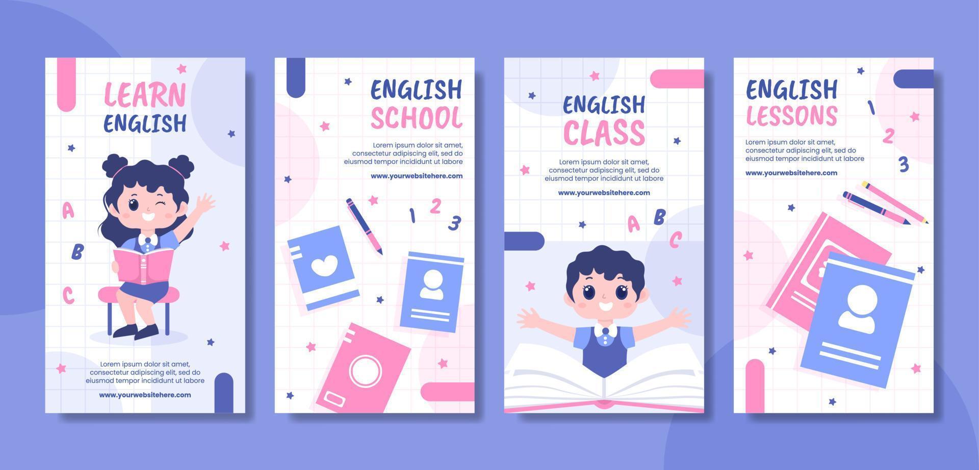 English Class Social Media Stories Template Hand Drawn Cartoon Flat Illustration vector
