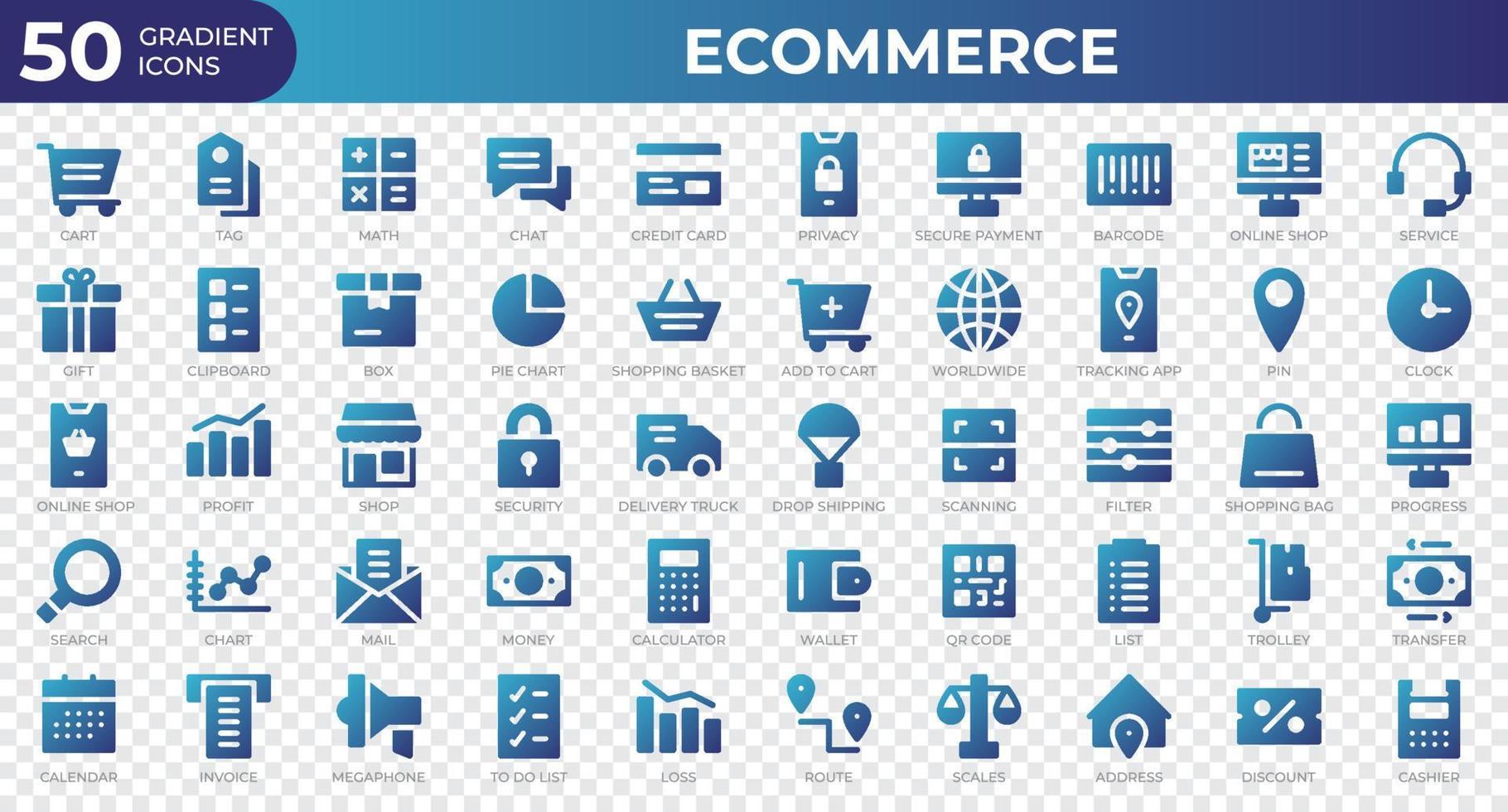 conjunto de 50 iconos web de comercio electrónico en estilo degradado. tarjeta de crédito, beneficio, factura. colección de iconos de degradado. ilustración vectorial vector